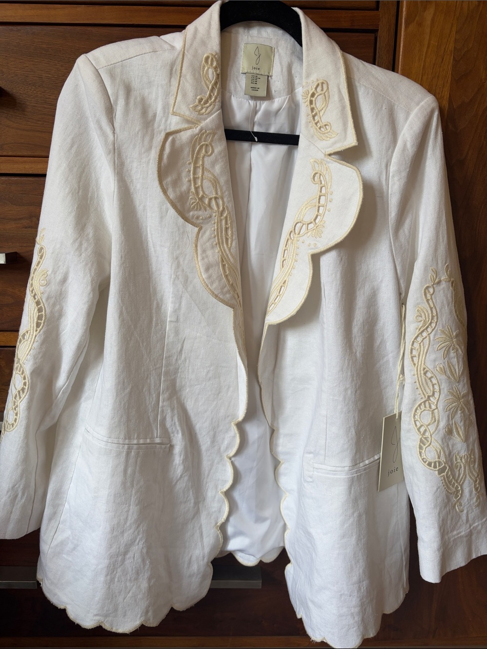 Joie Cream-Embroidered White Scalloped Linen Blazer